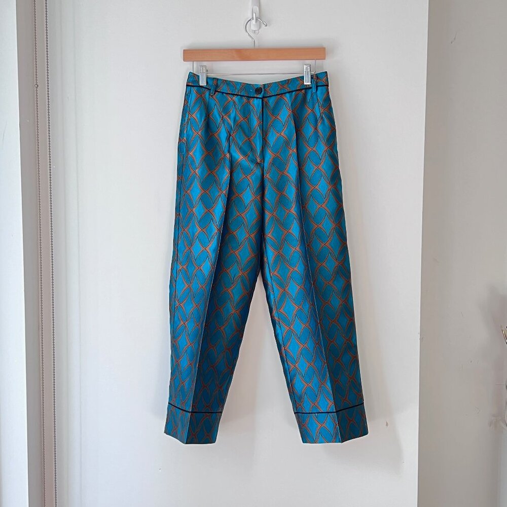 Unique Jucca Silk Blue and Orange Jacquard Straight Fit Trousers, Size 6